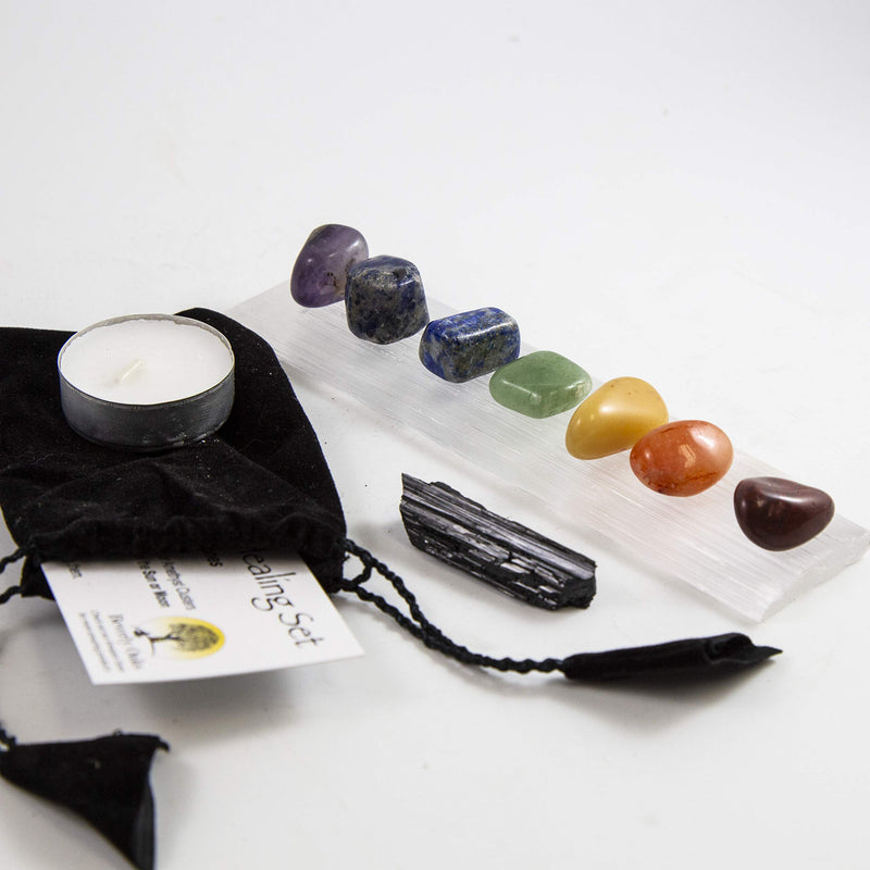 Beverly Oaks 10 pc Chakra Crystal Healing Kit: Large Selenite Bar, 7 Chakra Natural Polished Tumbled Stones in Black Velvet Bag with Chakra Information Card, Black Tourmaline Specimen, Votive, COA