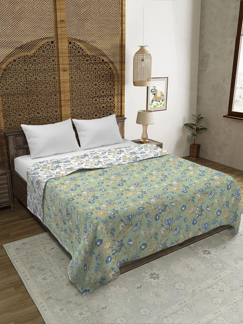 Rajasthan Décor Elegant Green Floral Printed 120 GSM Reversible Cotton Single Bed AC Dohar - Soft and Cozy Lightweight Blanket for All Seasons