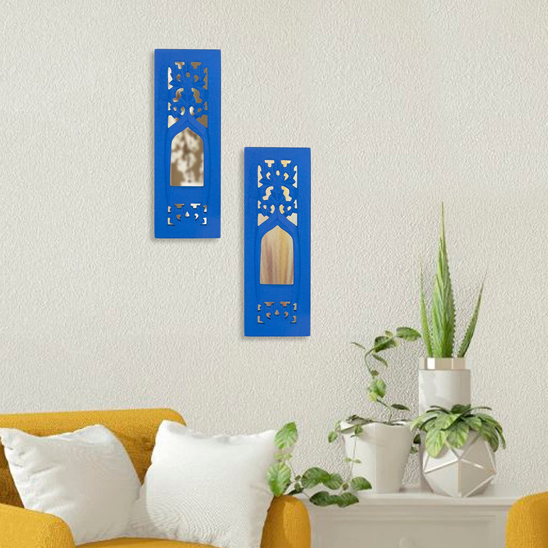 WHF Wood Painted Wall Hanging Jharokha Inside Mirror, Wooden Wall Hanging, Wooden Wall Panel (Blue) (11.5 Cm, Set of Two, Framed, Rectangular)