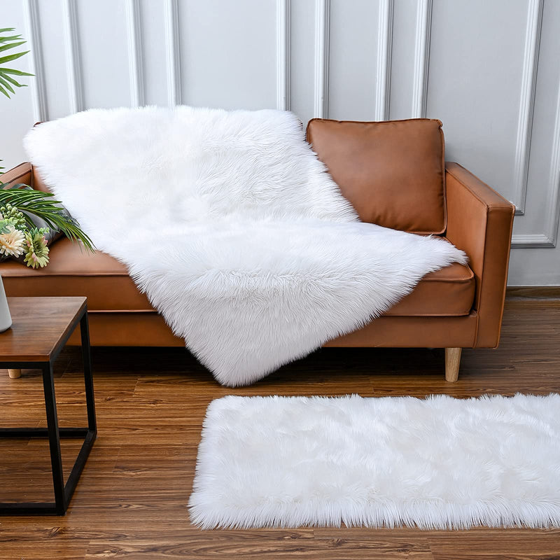 ISEAU Soft Faux Fur Fluffy Area Rug, Luxury Fuzzy Sheepskin Carpet Rugs for Bedroom Living Room, Shaggy Silky Plush Carpet Bedside Rug Floor Mat, 2ft x 3ft, White, Rectangular