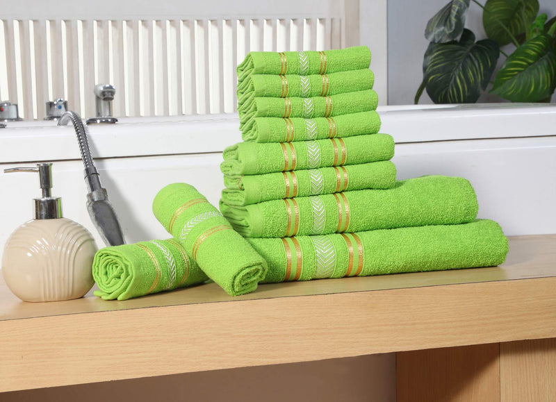 DIVINE OVERSEAS Essence Extra Light Weight Soft, Absorbent, Durable, Reasonable, Quick Dry -100% Ring-Spun Cotton Yarn - 400 GSM (Pack of 10 Family Towel Set, Natural Green)