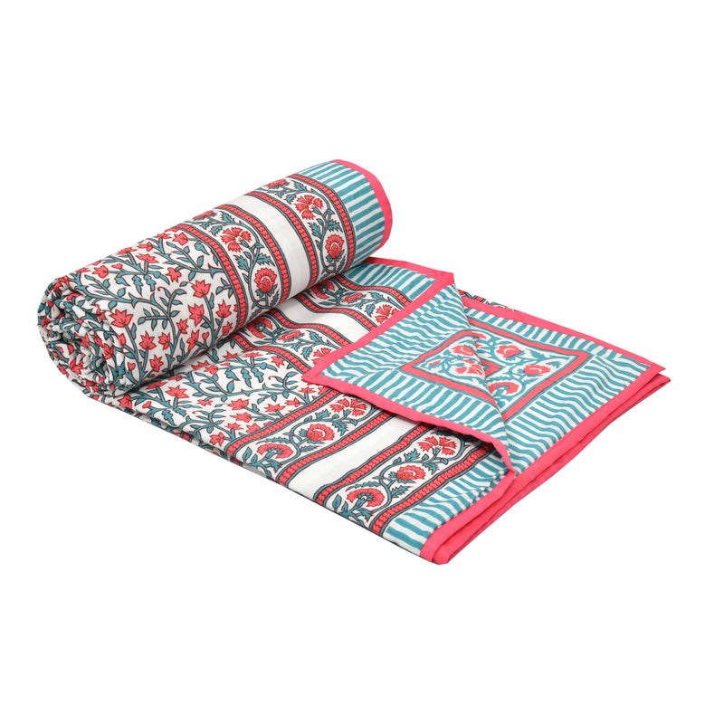 BLOCKS OF INDIA Hand Block Printed Cotton Single Size Reversible Malma Dohar For Summer (Turquoise Pink Jaal, 200 Tc)