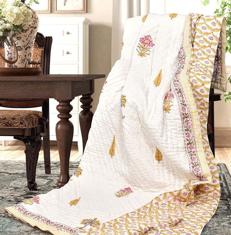 House Of Alpha Original Jaipuri Malmal Cotton Razai/Quilt. Traditional Rajasthani Hand Block Printed Double Bed Jaipuri Quilt/Razai/Blanket (90 x 108 Inches) (Style 11)