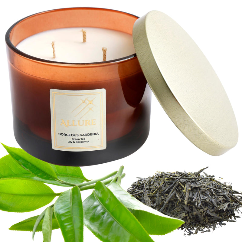 Allure Living Gorgeous Gardenia Luxury Green Tea Soy Candles Large 3 Wick Jar Candle | Up to 40 Hours Burning Time Natural Soy Wax | Relaxing Aromatherapy Aesthetic Candle | Scented Candle