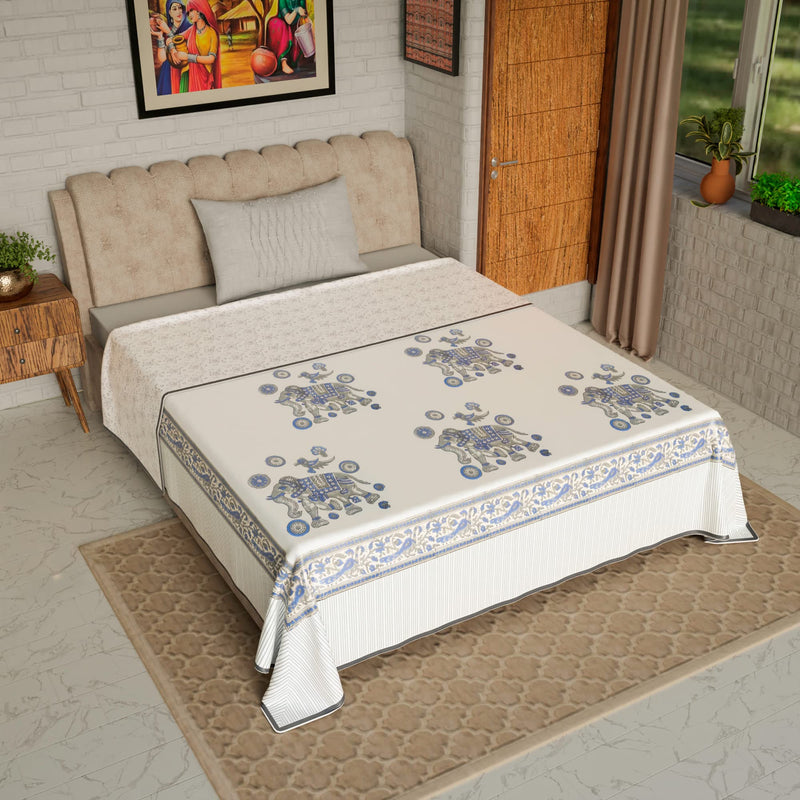 Jaipur Dohar 100% Cotton Dohar (Slim Quilt), Block Print Single Bed Blanket (All Seasons dohar) Rajasthani Blanket, 60 x 90'' (Quilt Comforter Blanket Dohar) (Blue Grey Elephant)