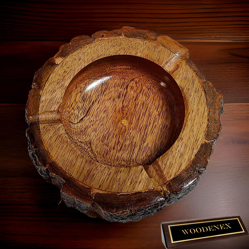 Woodenex Rustic Natural Wood Ashtray, Handcrafted Tree Trunk Decorative Ash tray, Dark Brown, Wooden Bark Natural Antique Ash catcher