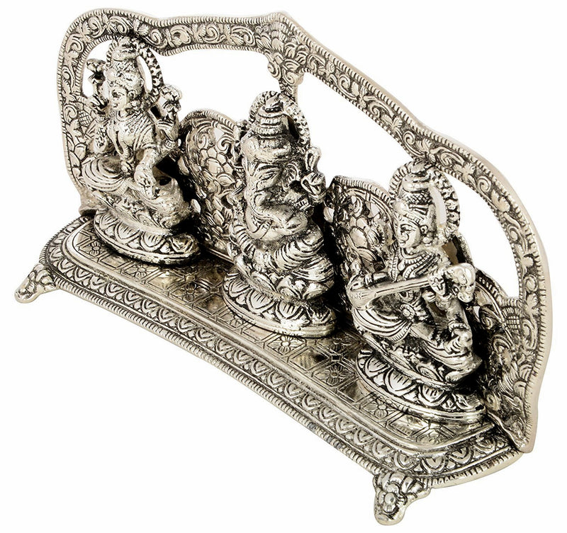 Silver Plated Laxmi Ganesh Saraswati Statue- Idol Fine Carving