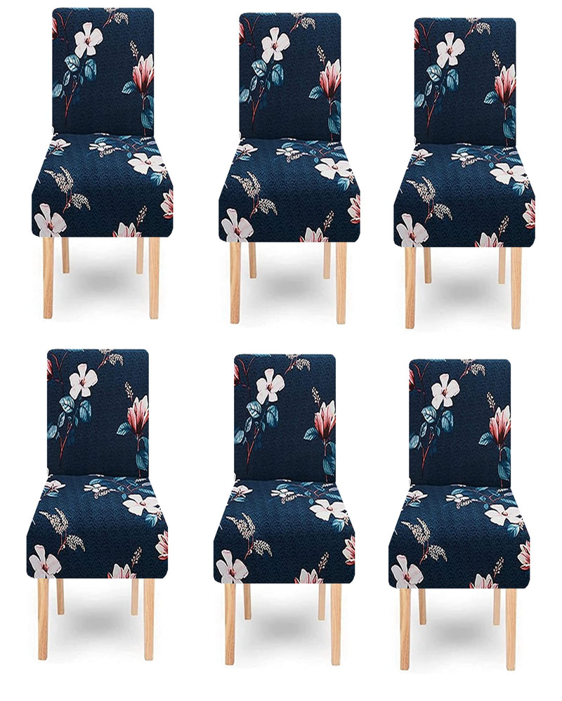 Lukzer 6PC Elastic Stretchable Dining Chair Cover Protective Slipcover (Navy Blue Flower Design/ 6Cover)