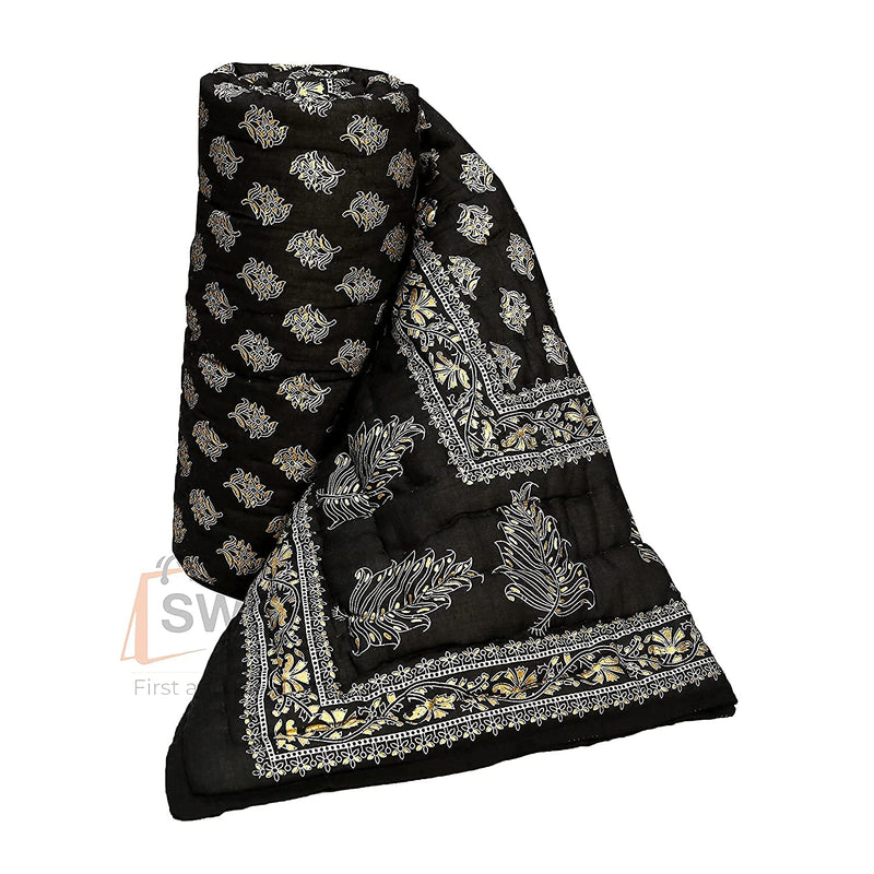 Hopee Shop- Jaipuri Floral Print Cotton Single Bed Razai Quilts Black Colour Rajai Approx 55x85 Inch