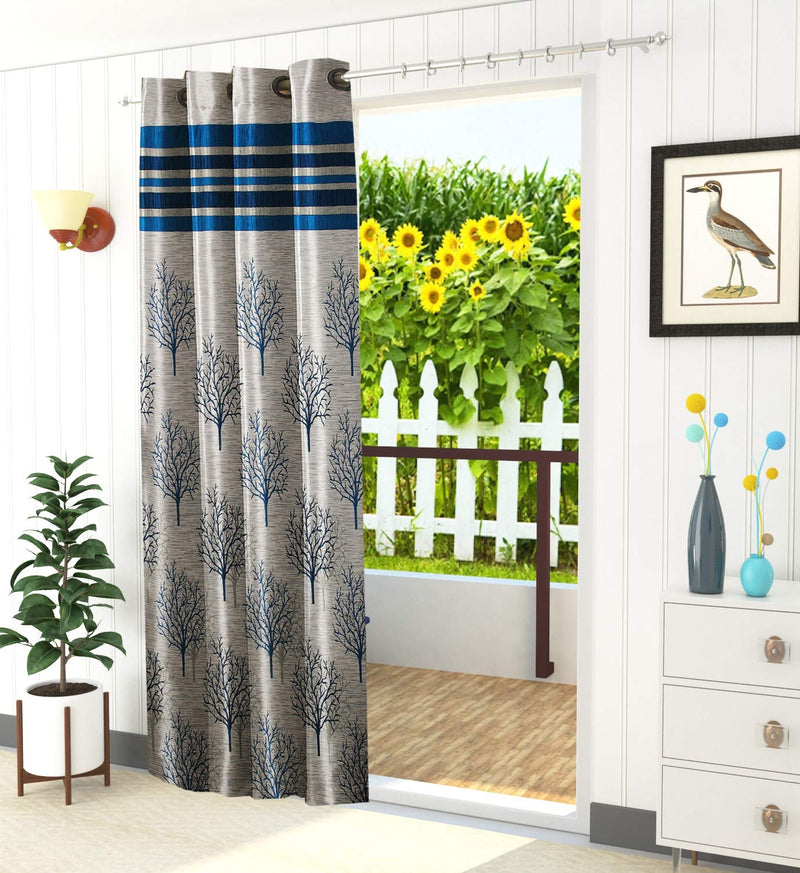 Homefab India Jacquard Blackout Jute Floral 2 Piece Eyelet Polyester Normal Curtain - 7ft, Blue