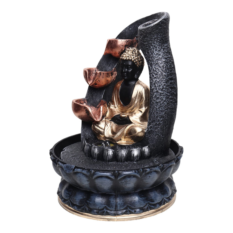 SPLICE Resin Buddha Water Fountain with LED Light 3-Tier Indoor Water Fountain for Home and Office Decoration Showpiece