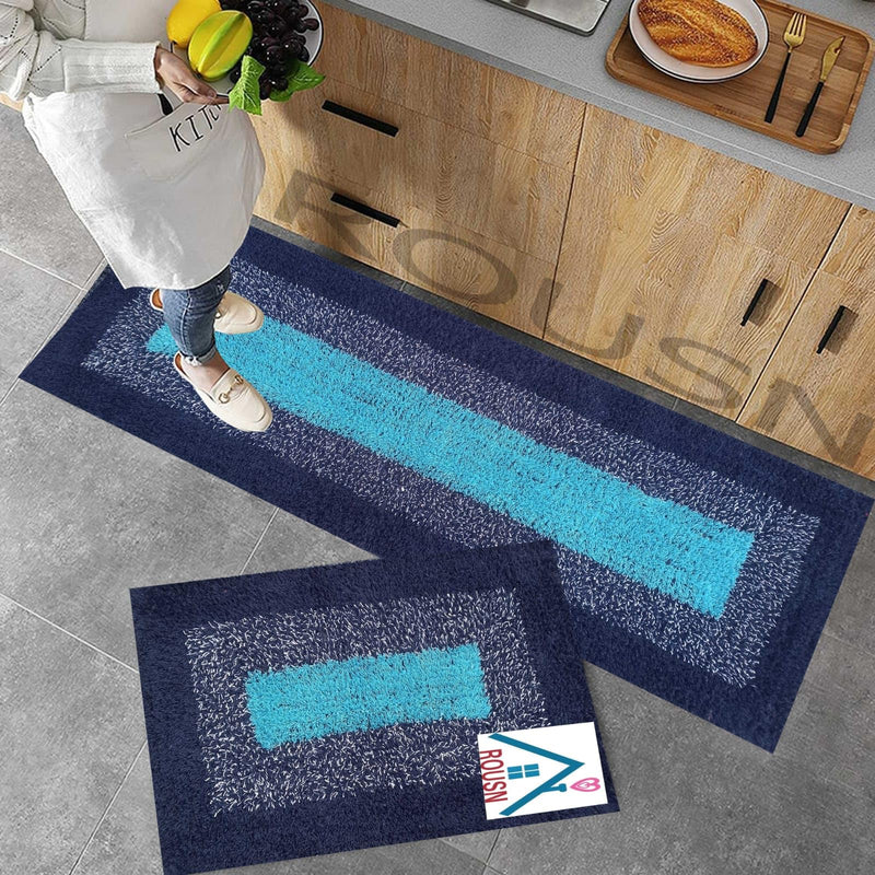 Cotton Multipurpose Set Of 2 Runner For Bedroom, Kitchen, Balcony, Floor Mat Doormat (Blue)