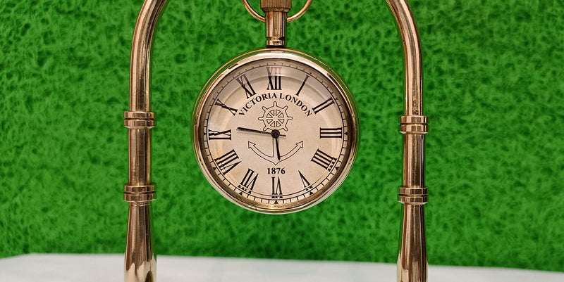 SOHRAB NAUTICALS Antique Brass Hanging Table Watch with Directional Compass Full Brass for Your Office Table & Home Decor and etc, Size L=12.5 H=15.5 CM and dial Compass & Watch Size 5cm