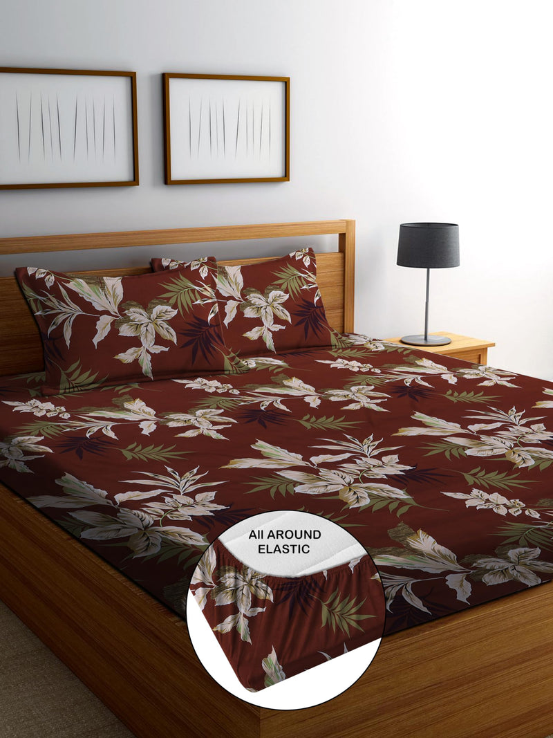 Crafts Hub Cotton Feel Glace Cotton All Around Elastic Fitted Printed King Size Double Bed Bedsheet With 2 Pillow Covers(72X78X8 Inch) Fits Upto Mattress Of 8 Inches | Brown (1350Fitted), 180 TC