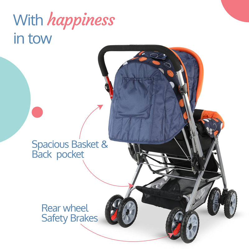 LuvLap Sunshine Baby Stroller/Pram for 0 to 3 Years, New Born/Toddler/Kid, 5 Point Safety Harness, Adjustable backrest, 360° Swivel Wheel, Large Storage Basket, Reversible Handlebar (Orange)