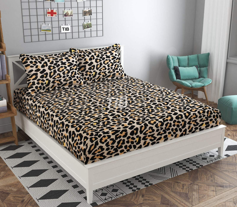 TIB Premium Glace Cotton King Size Bedsheet - Double Bed Flat Bedsheet for Double Bed with 2 Pillow Cover 90 x 100 | Leopard-Brown