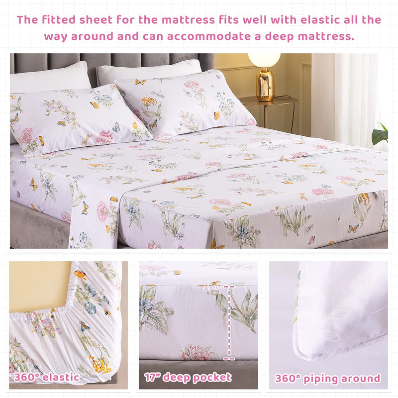 QSH Queen’s House Floral Butterfly Sheets Sets Egyptian Cotton Printed Deep Pocket Bed Sheet Set —King Size,Sheet I