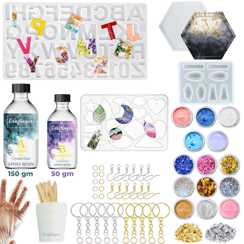 Craftinger DIY Resin Art Kit with 200 Gm Resin and Coasters Alphabet Keychain Making Kit with Pigment Glitter Mica and More