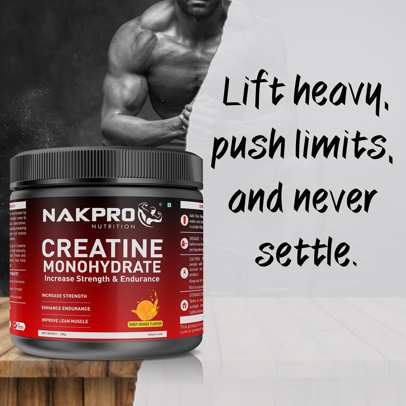 NAKPRO Micronized Creatine Monohydrate - JAR | Highest Grade, Fast Dissolving & Rapidly Absorbing Creatine helps Muscle Endurance & Recovery (Tangy Orange, 250g)