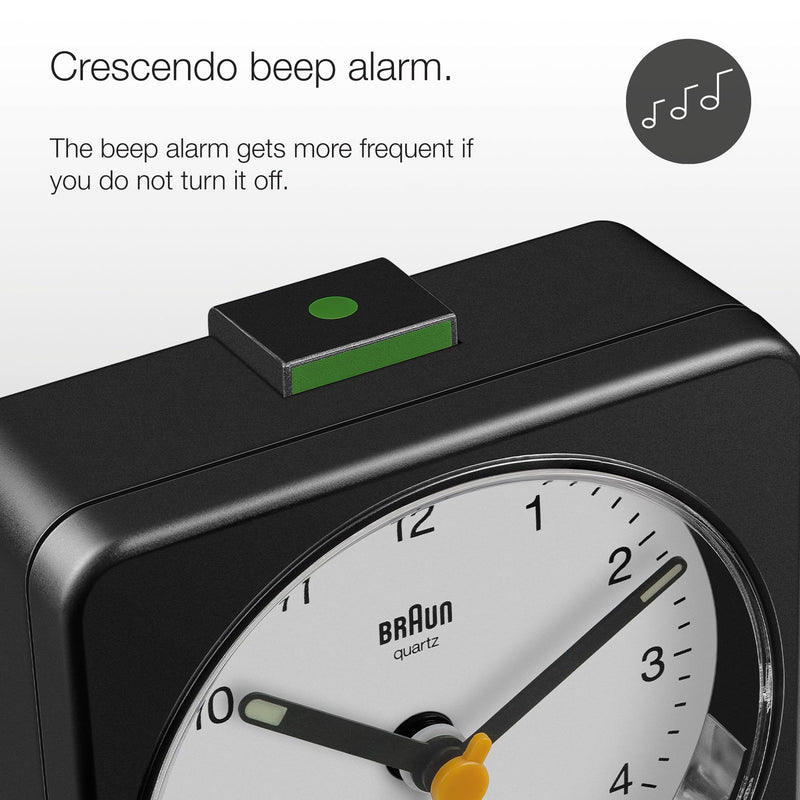 Braun Classic Analogue Alarm Clock with Snooze and Light, Quiet Quartz Sweeping Movement, Crescendo Beep Alarm in Black and White, Model BC03BW.