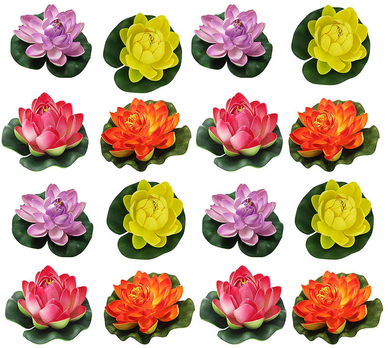 TIED RIBBONS 16 Pcs Artificial Floating Lotus Floating Flowers with Rubber Leaf - (Multi) Artificial Flowers for Water Decoration Urli Aquarium Fountain Home Decor Office Pooja Room Wedding Birthday