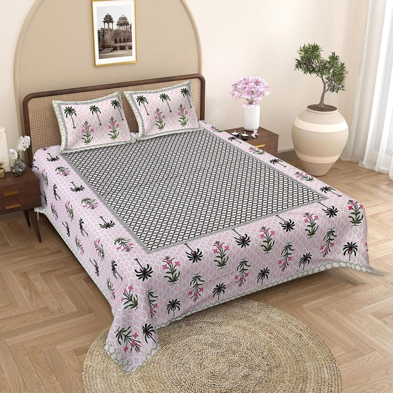 Silvatt 100% Jaipuri Cotton King Size Bedsheet for Double Bed, 1 Cotton Bed Sheet Double Bed (90 X 108 Inches) with 2 Pillow Covers | Bedsheet Double Bed Cotton Ethnic Pink & Green Tree Print