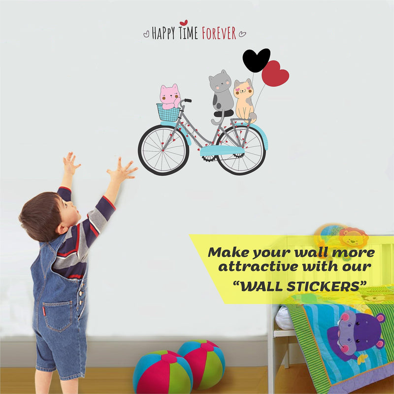 Dreamkraft Little Cute Cats on Bicycle Wall Sticker - 50cm x 52cm | Adorable Animal Decor