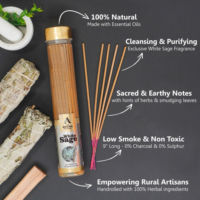 The Aroma Factory Organic White Sage Agarbatti for Pooja, No Charcoal Incense Sticks,100% Herbal Fragrance Agarbathi, (Bottle Pack of 2x100g)