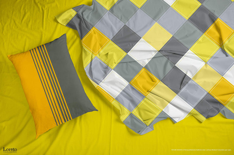 LORETO – A QUALITY LINEN BRAND 144 TC Cotton King Bedsheet with 2 Pillow Covers - Yellow & Grey, Checkered