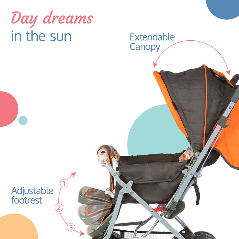 LuvLap Sunshine Baby Stroller / Pram for 0 to 3 Years, New Born / Toddler / Kid, 5 Point Safety Harness, Adjustable backrest, 360° Swivel Wheel, Large storage basket, Reversible Handlebar (Orange)