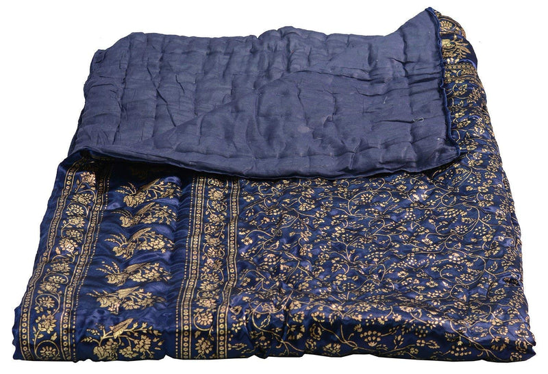 Blanket House Silk/Satin Gold Print Single Bed Jaipuri Quilts/Jaipuri Rajai/Jaipuri Razai/Jaipuri Quilts (BKTHS86, Blue )