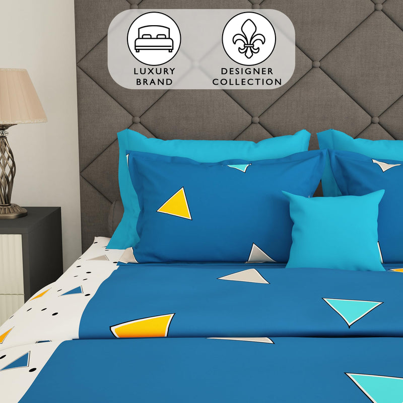 Story@Home Cotton Bedsheet for Double Bed - Pure Cotton Bedding for Double Bed, Queen Size with 2 Pillow Covers, Geometric Design White and Blue