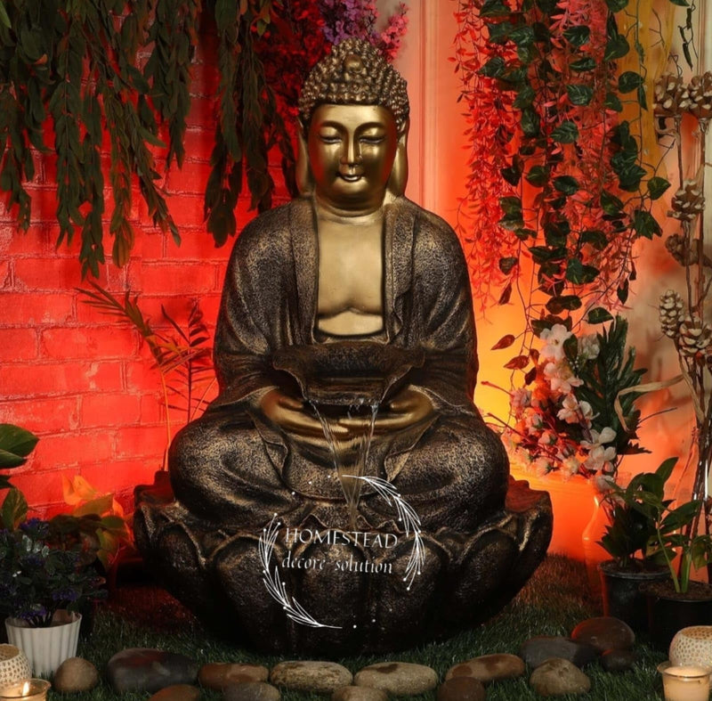 TENDENCE DECOR Garden Fountain with LED Light, Buddha Statue, Decorative Water Feature, Buddha Kamal Fountain 3 FEET | Home Decor Fountain fiber