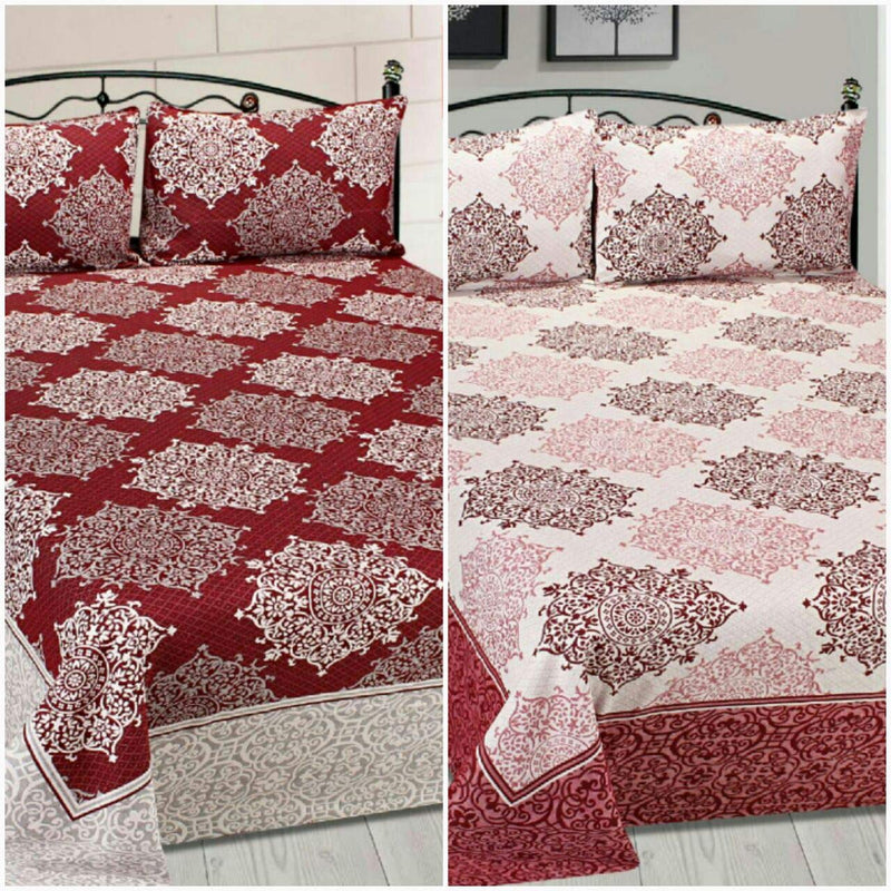 Fresh From Loom Cotton 300 TC Reversible 1pc Double Bed Bedsheet with 2 Pillow Cover (Maroon_Double Bed)