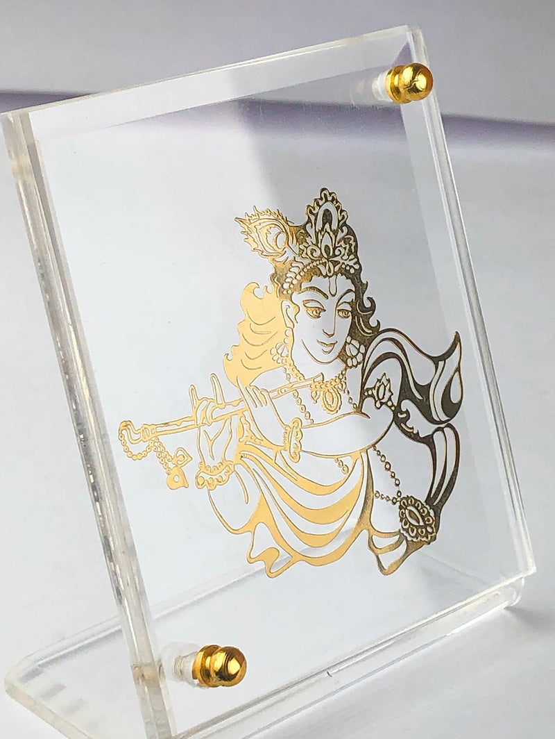 shree kreations Gold Plated Krishna Ji Photo Frame on Acrylic Stand for Car Dashboard, Home, Office Table