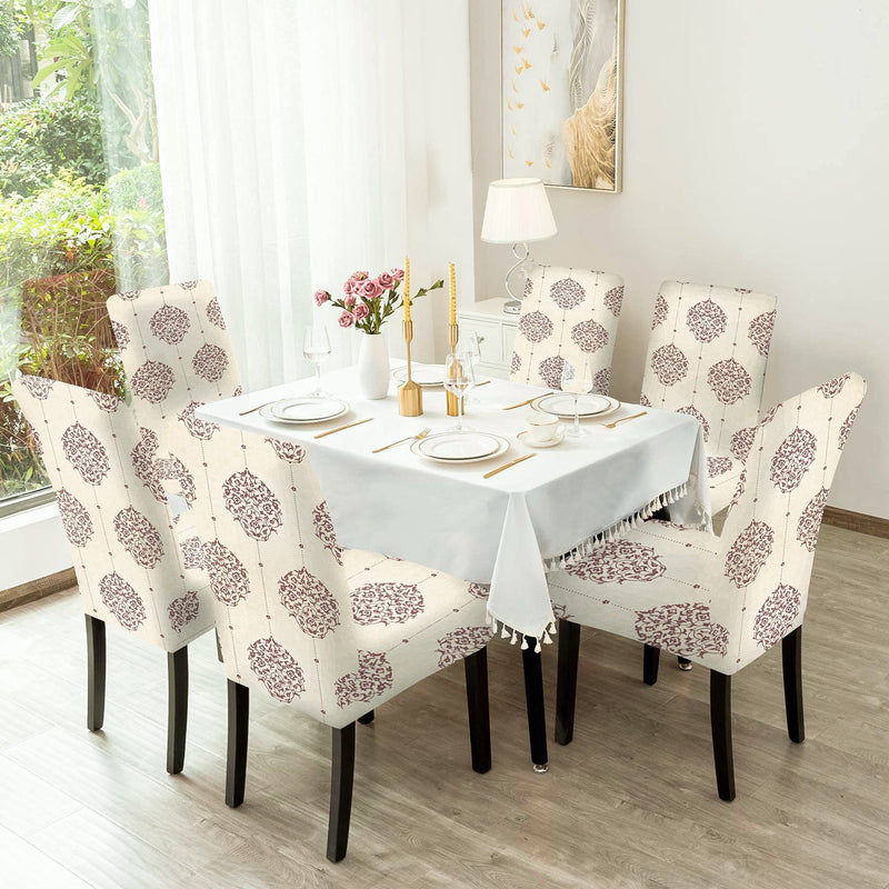 BRIDA ® Poly Cotton Spandex Stretchable Floral Geometric Printed Dining Chair Covers Elastic Chair Seat Case Protector, Slipcovers (6 Chair Cover, Damask Beige)