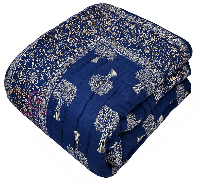 Woodsy Jaipuri Razai Rajasthani Traditional Tree Golden Print Soft Light Weight Pure Cotton Winter and Summer Rajai Ac Quilt Razai/Rajai/Quilt/Blanket/Dohar/Comforter (Single Bed, Set Of 2, Blue Tree)