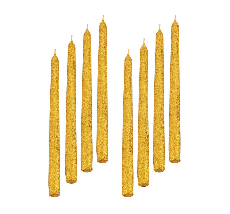 atorakushon® Smokeless Scented Paraffin Wax Golden Glitter Tapered Stick Candles Decorations for Living Room, Hall Room, Dinner Table,Birthday Party, Pack of 8