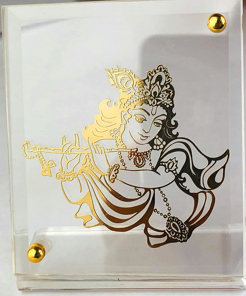 shree kreations Gold Plated Krishna Ji Photo Frame on Acrylic Stand for Car Dashboard, Home, Office Table