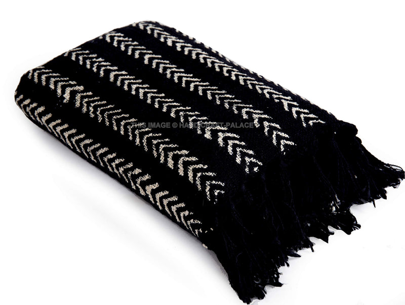 Ravaiyaa - Attitude is everything Hand Block Printed Handloom Cotton Blanket with Tassels for Home Decor Chevron Design Bedding Throw Sofa Cover Couch Throw 45” X 66” Inch (Black)