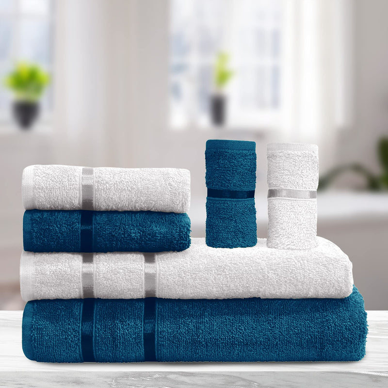 Story@Home 6 Piece 450 GSM Cotton Bath Towel Set - Iris Blue and Milky White