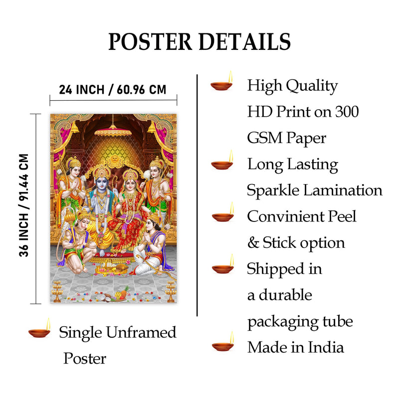 Indianara Rolled Sparkled Lord Ram Darbar Art Print for Room Décor Digital Reprint 36 inch x 24 inch Painting (10645PST)