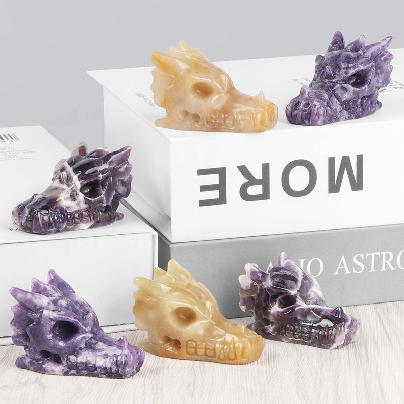 SMQ 2" Crystal Dragon Head Skull Hand Carved Realistic Dragon Head Statue and Figures Gemstone Fine Art Sculpture, Reiki Healing Stone Statue Dungeons and Dragons Fantasy Decor(Amethyst)