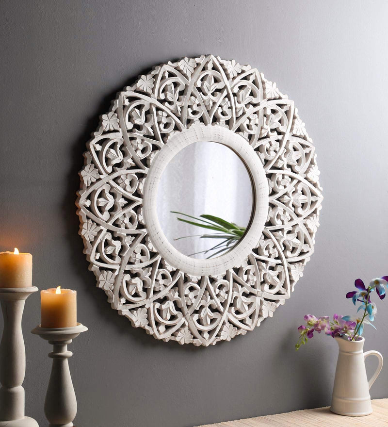 THE URBAN STORE Wood Hand Crafted Round Distressed White Finished Vanity Wall Mirror for Living Room, 27X27 Inches