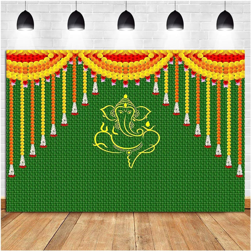 S2S Traditional Banana Leaf with Flower Backdrop | for Pooja Decoration Background Curtain Cloth | for All Festivals/House Hold Functions | 5 Feet Height & 8 Feet Width