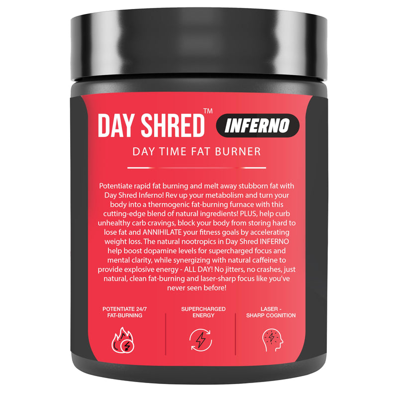 Day Shred Inferno | Advanced Day Time Fat Burner for Men Women | Appetite Suppressant | Powerful Thermogenic | Weight Loss Supplement | Belly Fat Burner | Hydroxycut | Pre Post Workout | 60 Tab