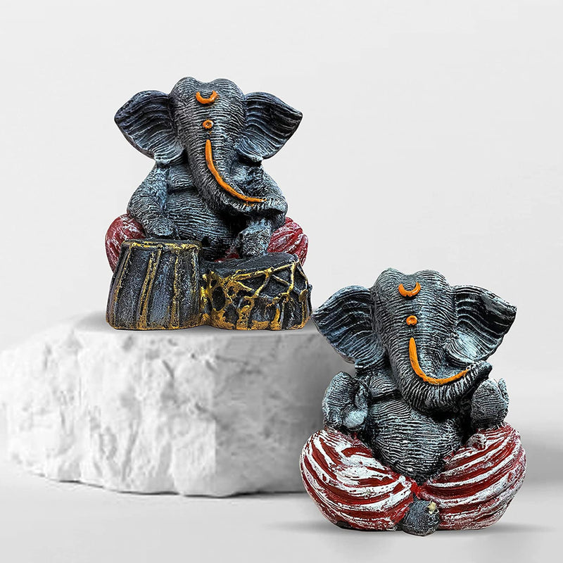 Xtore Beautiful Resin Ganesha Pair for Home Decor | Brings Prosperity - (Grey & Red, Pack of 2)