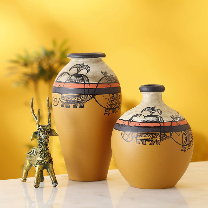 ARTYSTA BEAUTIFYING LIVES Earthenware 'Madhubani Fauna' Yellow Handpainted Terracotta Oblong Flower Vase, Terracotta Decorative For Home Earthen Flower Vases Pots For Home & Office (Set Of 2)