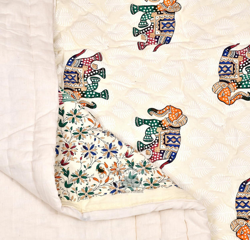 SIBLEY 210 TC Traditional Rajasthani Jaipuri Sanganeri Printed Handmade Cotton Printed/Razai/Quilt, Single Bed (Blue and White)