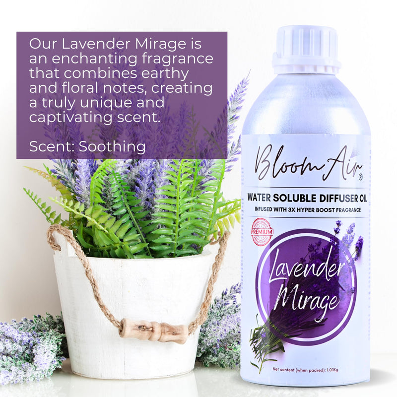 BloomAir Lavender Mirage Diffuser Oil for Home Fragrance| Non-Flammable| Superior Aroma Oil Diffusion| Water Soluble Fragrance Oil| Ready-to-Use| Refill Liquid 1.00Kg